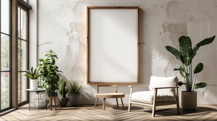 Blank a4 wood frame mockup interior background, circular motion, 3d rendering. Vertical painting plaque mockup. Clear table border with canvas panel template