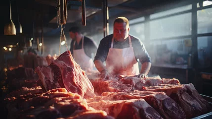 Fotobehang Butchers Working in a Busy Meat Market.Generative AI. © perpis