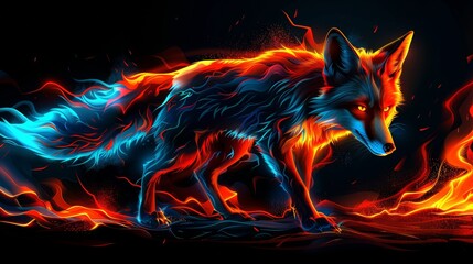 A picture of a wolf on fire. A magical creature made of fire on black background.