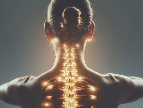 closeup of a woman with neck pain. shot from behind. she is holding her back. the back pain is visualized as glowing bones. used for a health website