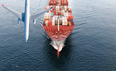 Aerial view of freight ship with cargo containers