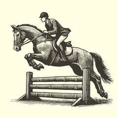 man on a horse jumping over the barrier equestrian illustration - obrazy, fototapety, plakaty