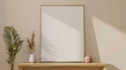 Blank a4 wood frame mockup interior background, circular motion, 3d rendering. Vertical painting plaque mockup. Clear table border with canvas panel template