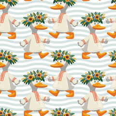 Pattern cute goose in a wreath of flowers, embroidery, shirt, goes, in kawaii style, vector illustration