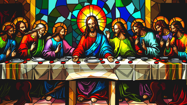 Colorful stained glass illustration of The Last Supper, Jesus Christ