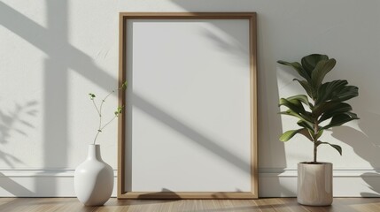 Blank a4 wood frame mockup interior background, circular motion, 3d rendering. Vertical painting plaque mockup. Clear table border with canvas panel template
