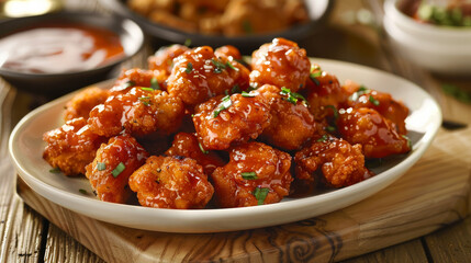 Boneless chicken bites tossed in a flavorful sauce, perfect for dipping and sharing. - obrazy, fototapety, plakaty