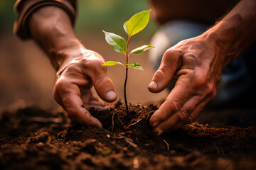Close up of an unrecognizable person planting a sapling in the forest, image with copy space....