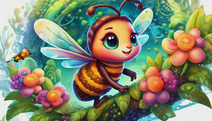 oil painting style CARTOON CHARACTER CUTE Honeybee  on color background, top view. - obrazy, fototapety, plakaty