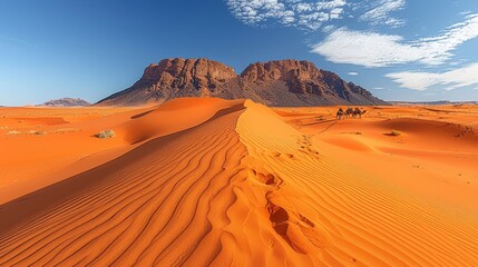 Fototapeta na wymiar A group rides camels through a sandy desert, blue sky overhead, mountains distant backdrop