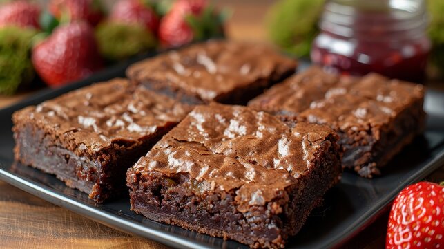   A plate of brownies sits atop the table, companionship provided by nearby strawberries and a jar of jelly