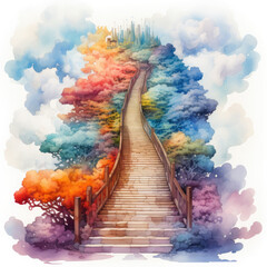 Fototapeta premium Watercolor Heaven Stairs Illustration, Generative Ai