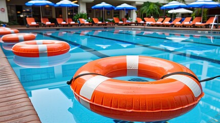Obraz na płótnie Canvas Large orange lifebuoys rest in the wild in the pool