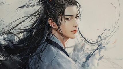 Portrait of an Asian male fantasy character, chinese immortal hero in dark hanfu.