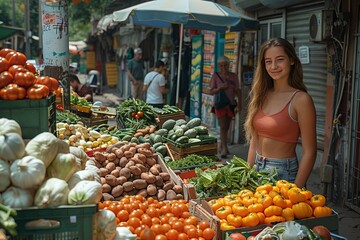 Fototapeta na wymiar Woman at greengrocer stand buying fresh, natural foods at market