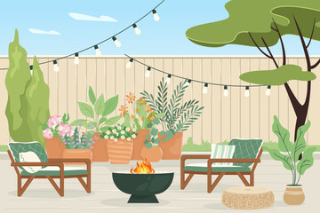 Cozy backyard with decorative outdoor fireplace and plants in pots House patio with fence, furniture for picnic with barbecue, green grass and tree Summer landscape of yard Vector cartoon illustration