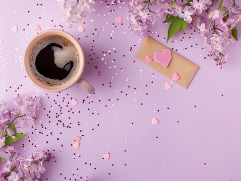 Stylish Mother's Day design featuring a top view photo of an americano, fresh flowers, a heartfelt note, miniature hearts, and confetti on a soft lilac canvas.