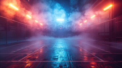 A dark basketball court is shrouded in smoke with a neon light in the middle.
