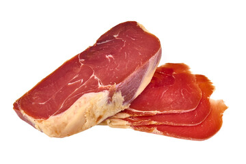 Dry Spanish ham, Jamon Serrano, Bellota, Italian Prosciutto Crudo or Parma ham, isolated on white background