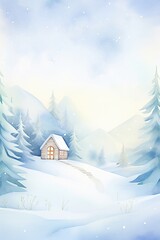 Fototapeta na wymiar Mountain Cabin, Cabin in snow, smoke from chimney, twilight, cartoon drawing, water color style.