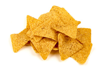 Mexican nachos chips, corn tortilla crisps, isolated on white background