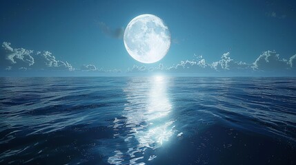  A full moon ascending over the ocean, mirroring sunlight on the water's surface and populating the azure sky with clouds