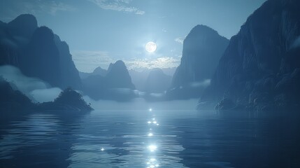   A panoramic scene of a tranquil body of water, surrounded by towering mountains in the backdrop, under the gentle glow of a full moon