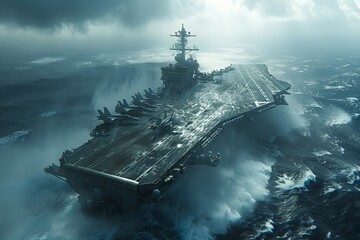 A military vessel rests atop expansive water under a vast sky - obrazy, fototapety, plakaty