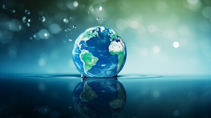Naklejka na ściany i meble Earth globe floats on crystal clear water ripples. Earth Map courtesy of NASA 