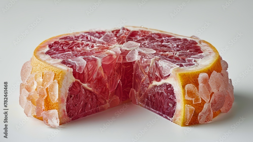 Poster a grapefruit halved, with one segment bitten ..or, for a more descriptive version:..a tight shot of 