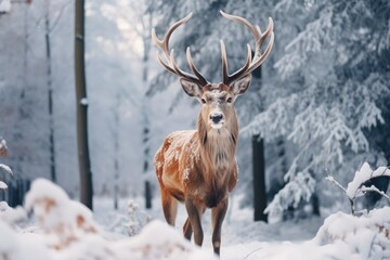 Naklejka na ściany i meble A terrestrial animal deer with antlers stands in snowy woods