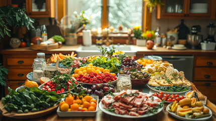 A table is set with a variety of food and drinks, including a large platter of fruit and a selection of cheeses. The table is surrounded by potted plants and flowers, creating a warm