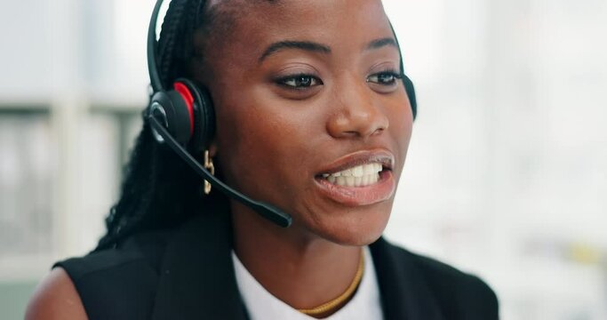Virtual assistant, face or black woman in call center for customer service, tech support advice or contact. Laptop, agent or consultant talking in telemarketing, CRM or telecom company in headset