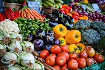 A colorful array of fresh vegetables and fruits at a farmers market
