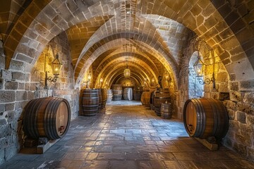 Fototapeta na wymiar Medieval architecture with barrels and arches in a wine cellar