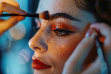 A detailed shot of a makeup artist creating a bold look
