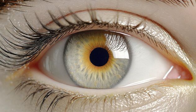 Detailed close-up of a human eye, highlighting the intricate iris patterns and natural eyelashes. Generative Ai