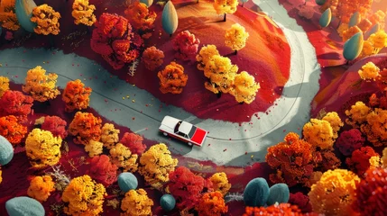 Deurstickers Bordeaux Compact car navigating through a colorful autumn landscape