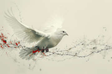 White Dove of Peace Jnjured by Barbed Wire. No War Concept