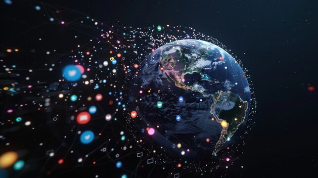 Internet social network icons on Earth is depicted in a mesmerizing view, surrounded by vibrant and colorful lights. The lights create a striking visual effect, enhancing the beauty of our planet.