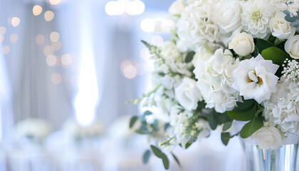 Festive table setting with white roses and vintage white dishes on a beige background
