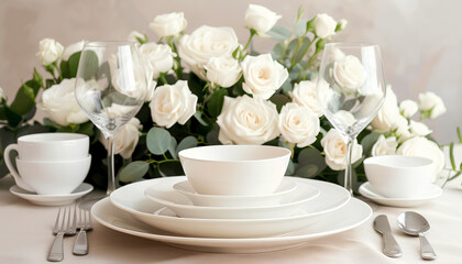 Obraz na płótnie Canvas Festive table setting with white roses and vintage white dishes on a beige background