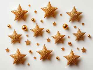 Fototapeta na wymiar Glittering gold stars and spheres on off-white background