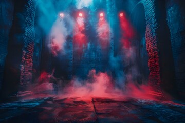 Enigmatic Neon Stage: A Mystical Concert Setting. Concept Concert Setting, Neon Lights, Enigmatic Atmosphere, Mystical Vibe, Stage Design