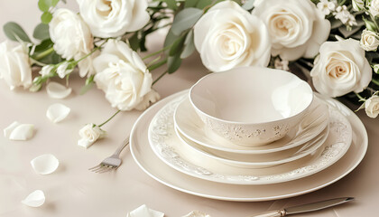 Festive table setting with white roses and vintage white dishes on a beige background