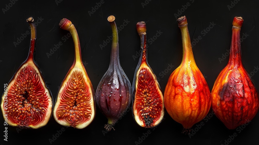 Poster   A collection of various fruits arranged together against a black backdrop on a dark surface ..Or:..Fruits of diverse kinds grouped beside one another
