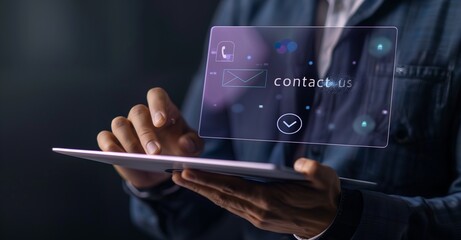 Businessman with Futuristic Contact Us Interface