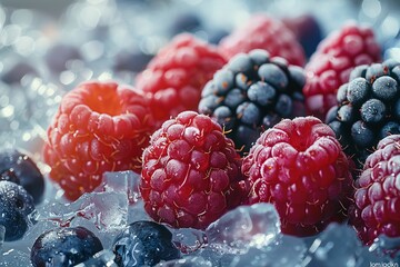 Assorted berries on ice raspberries, blackberries, blueberries