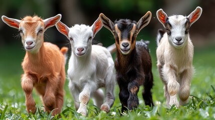   Three baby goats stand together on a verdant grassy expanse, surrounded by trees in the background