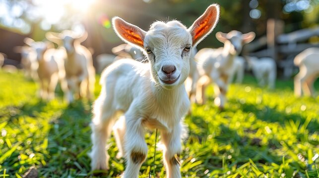   A tight shot of a baby goat among a lush grassfield, surrounded by adult goats in the sunlit background
